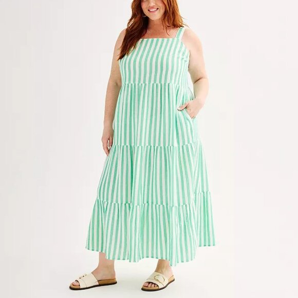 Dress LG 0X Maxi Green Stripes Cotton Sleeveless Tiered Peasant Boho Plus Size - Picture 1 of 6